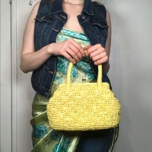 Vintage buttercup yellow raffia shoulder handbag